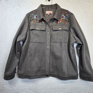 Embroidered‎ Faux Suede Jacket Shacket Womens Large Floral Boho Hippie Festival